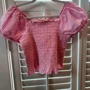 LoveShackFancy Pink Gingham Smocked Puff Sleeve Crop Top